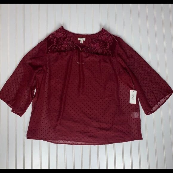 Style & Co Eyelet Red Swiss Dot Velvet Velour Yoke Top Blouse 3X NWT - Picture 4 of 11
